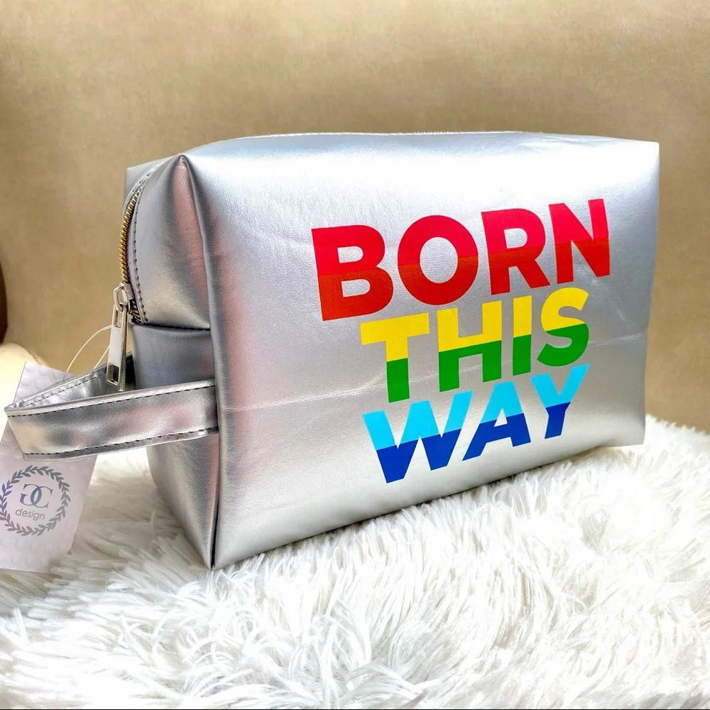 BORN THIS WAY Large Cosmetic Travel Bag Metallic Silver Multicolor